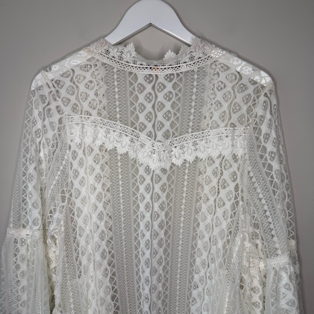 Origami | White Lace Duster Cardigan Sheer Lace Hi Lo Hem Boho Western Sz Small - Picture 6 of 8